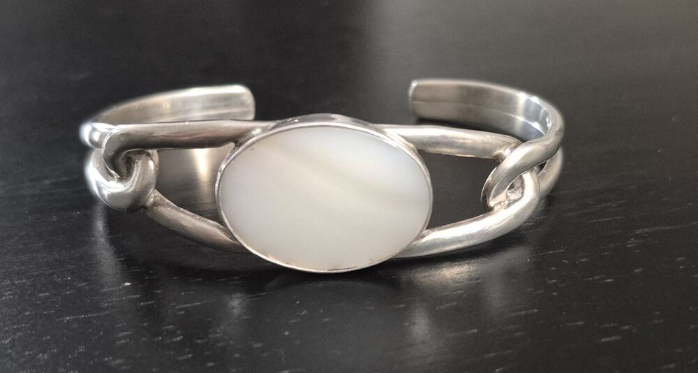 Sterling Silver 925 White Oval Cabochon Open Cuff Bracelet Modernist